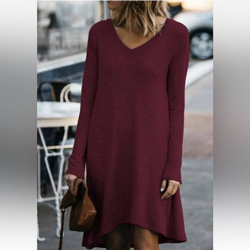 EILEEN FISHER 100% MERINO WOOL DEEP RED V NECK ASYMMETRICAL TUNIC SWEATER SIZE S